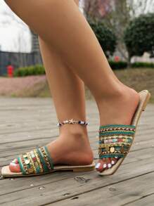 WRCVS Grüne Sommer Kette Stickerei Flat Sandalen, Boho Stil Perlen Urlaubs Party Pantoffeln, gewebte Slides ohne Verschluss