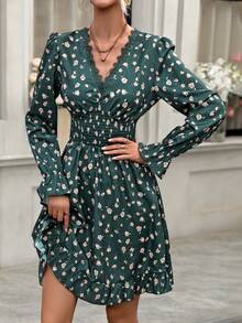 SHEIN LUNE 女款花卉印花分層荷葉邊袖蕾絲拼接連衣裙 - 墨綠色 - 查看 5