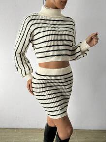 Chiquease Women'S High Neck Striped Drop Shoulder Sweater And Sweater Skirt Set Fall Cloth For Women - Black and White - View 4