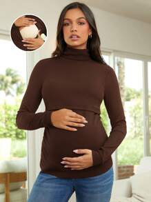 SHEIN Maternity Stand Collar Long Sleeve T-Shirt - Brown - View 1
