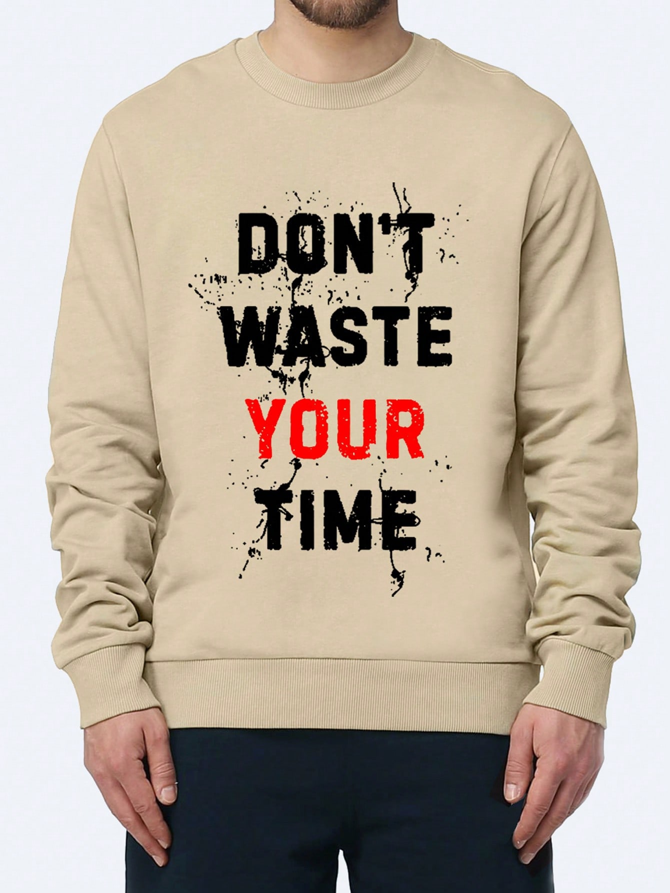 Men'S Round Neck Long Sleeve Sweatshirt With Slogan Print