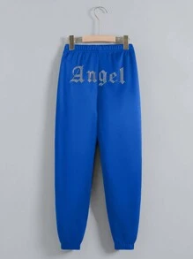 SHEIN Tween Girls' Street Style Jogger Pants With Back Rhinestone Embellished Letter Detail - Royal Blue - View 1