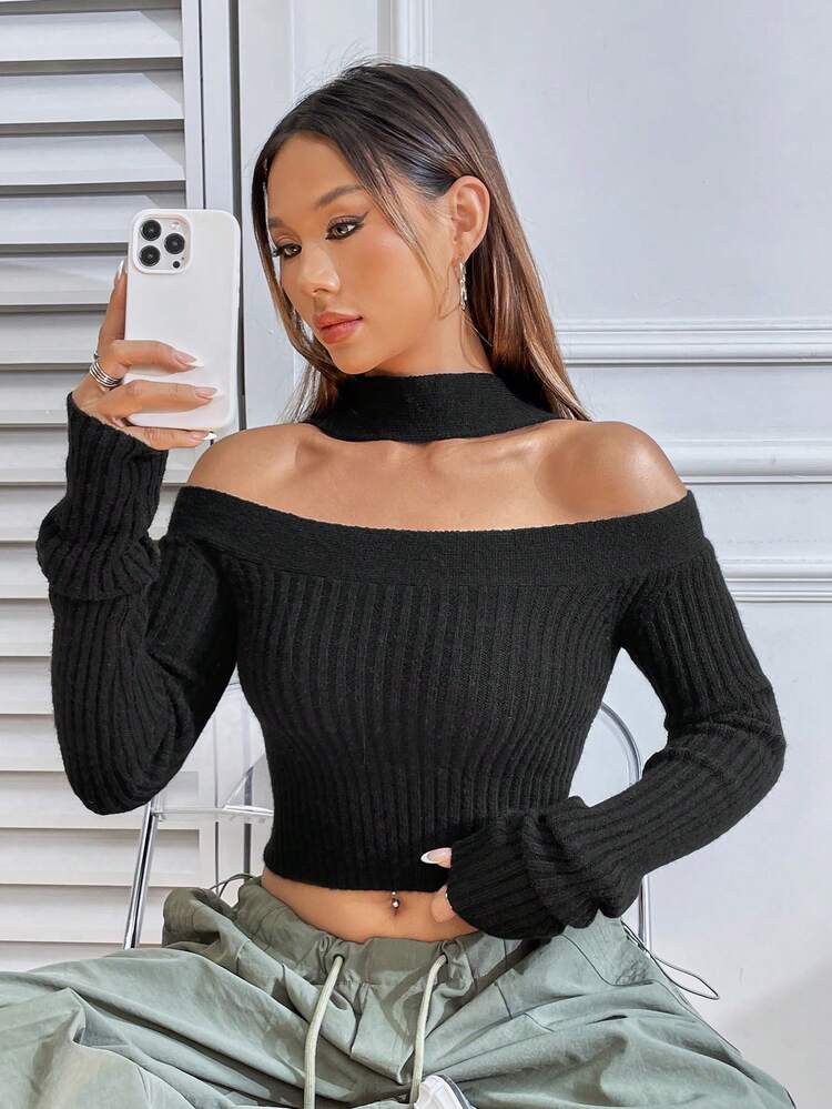 Hollow Out Halter Short Crop Sweater With Long Sleeves Knit Pullover Fall Winter Sweater
