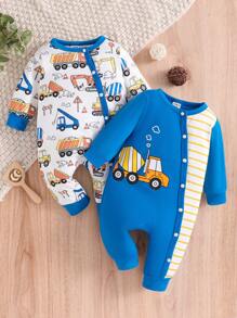 嬰兒和男童兩件式可愛有趣汽車挖掘機圖案長袖連體衣 - 彩色 - 查看 1