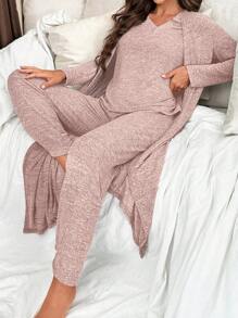 V-Neck Short Sleeve T-Shirt And Bowknot Detail Pants And Robe Homewear Lounge Set Cozy Outfit, Fall Winter Clothes - Baby Pink - View 5