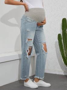 SHEIN Maternity Distressed Straight-Leg Jeans - Light Wash - View 6