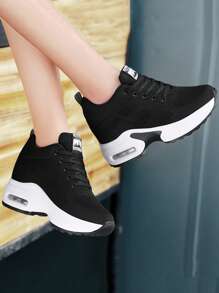 女性飛織隱形增高運動步行鞋,時尚透氣氣墊運動鞋,低頂戶外網面運動鞋 - 黑色 - 查看 7