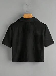 Women's Solid Color Ribbed Knit Cropped T-Shirt - Black - View 2