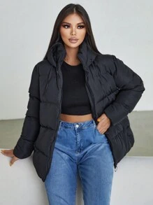 EURMUSE Women's Solid Color Long Sleeve Zipper Front Casual Hooded Winter Jacket - Black - View 5