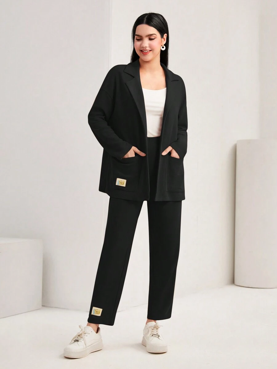 Mulvari Women'S Solid Color Patch Blazer And Shorts Set - Black - View 1
