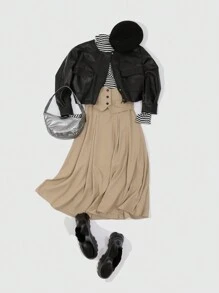 FRIFUL Của phụ nữ Cao eo Chi tiết Nút Váy - Màu Khaki - Xem 10