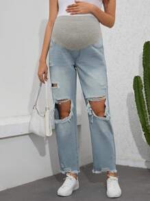 SHEIN Maternity Distressed Straight-Leg Jeans - Light Wash - View 1