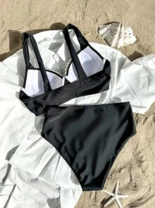 Swim Vcay 珍珠装饰分体比基尼套装夏日海滩 - 黑色 - 查看 3