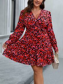 Celure 大尺碼心形印花束帶連身裙 - 紅色 - 查看 5