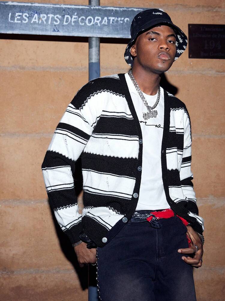 Men 1pc Color Block Drop Shoulder Ripped Cardigan, For Fall Winter