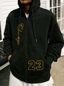 Men's Hooded Drawstring Zipper Sweatshirt With Letter Print - Black - View 4