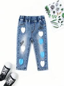 Baby Girls' Heart & Letter Pattern Washed Jeans