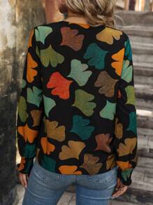 女銀杏葉印花長袖襯衫 - 黑色 - 查看 2