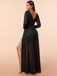 D&M Women's Long Sleeve Deep V-Neck Backless High Slit Ruffle Formal Evening Dress