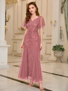 Sequin Lace Sweetheart Neck Ruffle Sleeve Evening Party Maxi Dress, Homecoming Dress, Wedding Guest Dress, For Birthday, Formal Events, Graduation