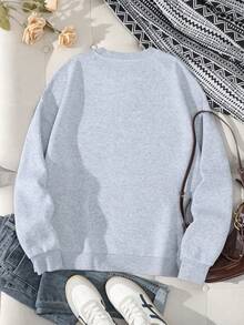 SHEIN EZwear Plus Size Leopard Print Heart & Letter Patterned Thermal Lined Sweatshirt For Winter - Light Grey - View 2