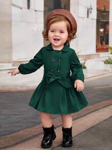 SHEIN Baby Girls' Vintage Elegant Lapel Double Breasted Belted Long Sleeve Loose Hem Dress