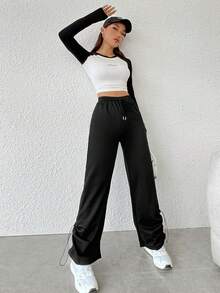 SHEIN PETITE Drawstring Waist And Side Design Long Pants - Black - View 5