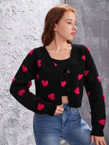 Suéter Con Patrón De Corazón Para Niñas Adolescentes, Cárdigan Y Chaleco, 2 Unidades/juego