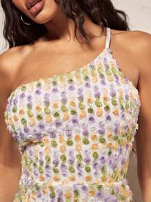 SHEIN BAE Women One Shoulder Multicolor 3d Flower Ruffle Hem Dress For Romantic Valentine's Day Date
