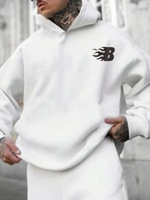 Manfinity Homme 男士字母印花宽松保暖内衬连帽衫，采用落肩袖设计 - 白色 - 查看 1