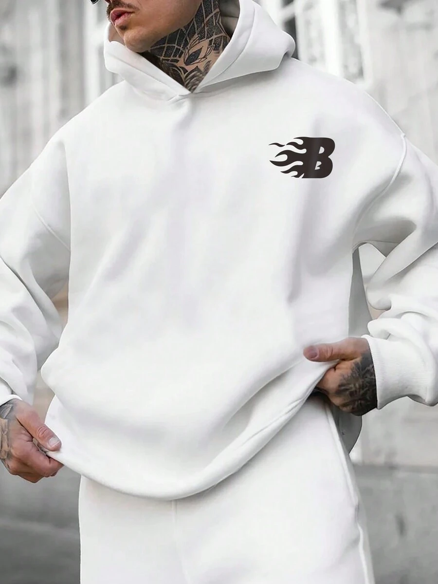 Manfinity Homme 男士字母印花宽松保暖内衬连帽衫，采用落肩袖设计 - 白色 - 查看 1