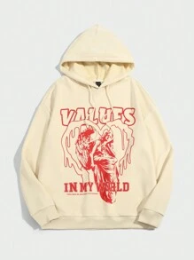 ROMWE MEN Grunge Punk Men's Fleece Hoodie With Character And Letter Print And Drawstring