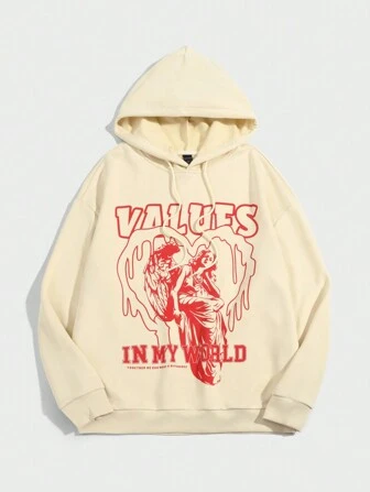 Grunge Punk Sudadera Con Capucha De Polar Para Hombre Con Estampado De Personajes Y Letras Y Cordón