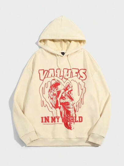 Grunge Punk Sudadera Con Capucha De Polar Para Hombre Con Estampado De Personajes Y Letras Y Cordón