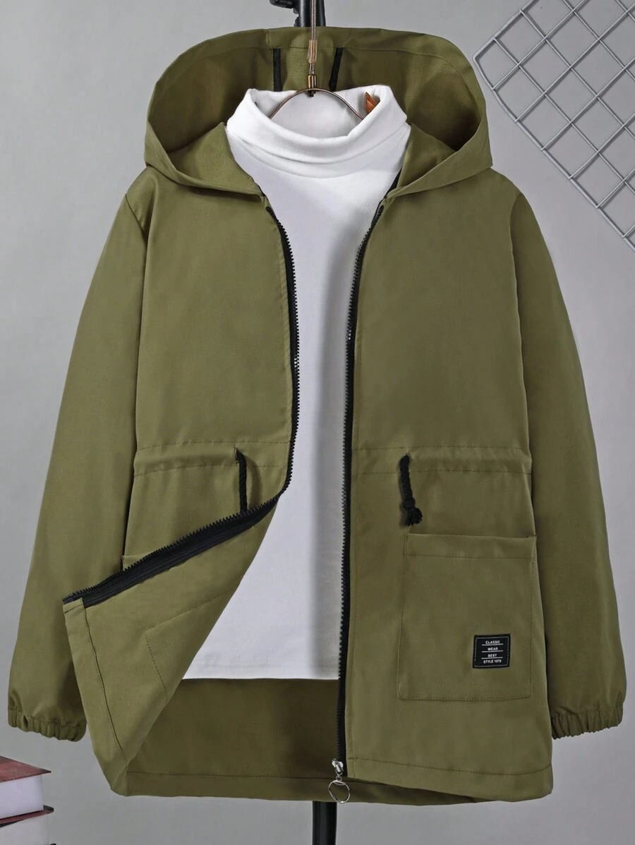 SHEIN Boys' Drawstring Waist Double-Pocket Hooded Jacket - Army Green - View 1