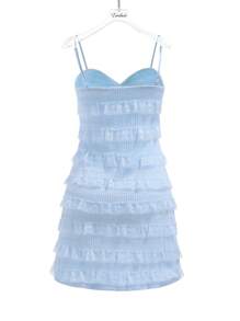Enchnt Bow Decorated Multi-layer Lace & Ruffle Trimmed Cami Dress - Blue - View 8