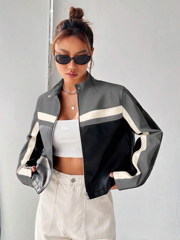 Muchica 秋冬拼色PU皮革防风夹克