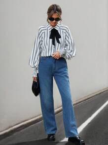 SHEIN Privé 女性條紋&印花圖案前繫帶襯衫 - 黑與白 - 查看 3