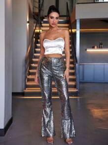 EURMUSE Sequin Flared Pants - Grey - View 4