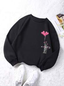SHEIN EZwear Women'S Lettering Love Balloon Print Drop Shoulder Sweatshirt - Black - View 1