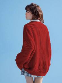 ROMWE Kawaii Women's Solid Color Simple Cute, Japanese Style, Loose Cardigan, School - Red - View 3