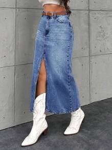 EURMUSE Hoher Schlitz & Ausgefranster Saum Jeans Kurzrock (gürtel Nicht Enthalten), Gewaschen