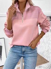 EMERY ROSE 女款純色半拉鍊運動衫,帶拉鍊設計 - 粉色 - 查看 5