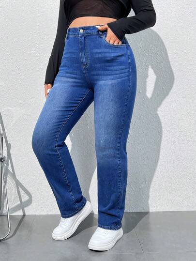 SHEIN ICON Jeans De Mezclilla Con Bolsillos Para Mujeres De Talla Grande