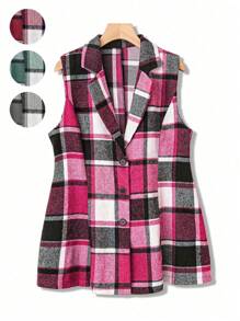 SHEIN Clasi 大尺碼女士格紋無袖v領西裝外套 - 粉色 - 查看 1
