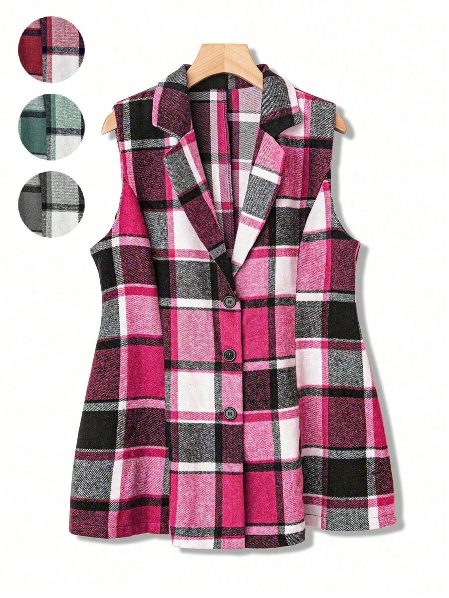 SHEIN Clasi 大尺碼女士格紋無袖v領西裝外套 - 粉色 - 查看 1