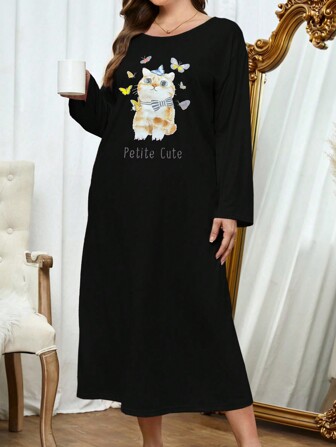 女士加大码休闲亲肤猫咪印花长款睡衣连衣裙，宽松舒适，秋冬款