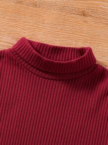 SHEIN Toddler Girls' High Neck Ribbed Knit T-Shirt And Houndstooth Overall Dress With Bowknot Decor Set - Red - View 6