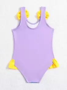 Costume Da Bagno Monopezzo Con Volant Stampato Con Cartone Animato Di Anatra Per Bambina Con Dettaglio Fiocco