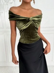 Zolique 顏色混搭扭結露肩天鵝絨上衣 - 墨綠色 - 查看 5